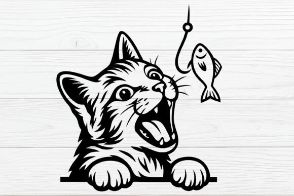Black Cat Catching Fish Silhouette SVG