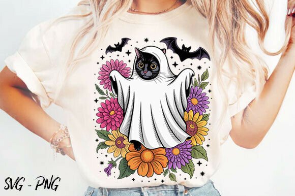 Retro Halloween Ghost and Cat Svg